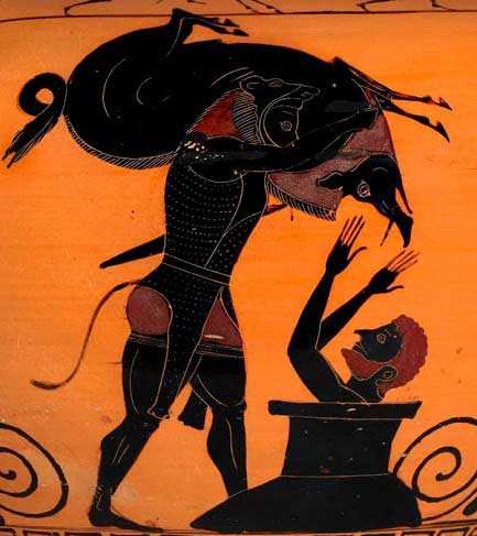 Reproducción de la escena en la que Hércules presenta el jabalí de Erimanto al Rey Eurystheus en un jarrón