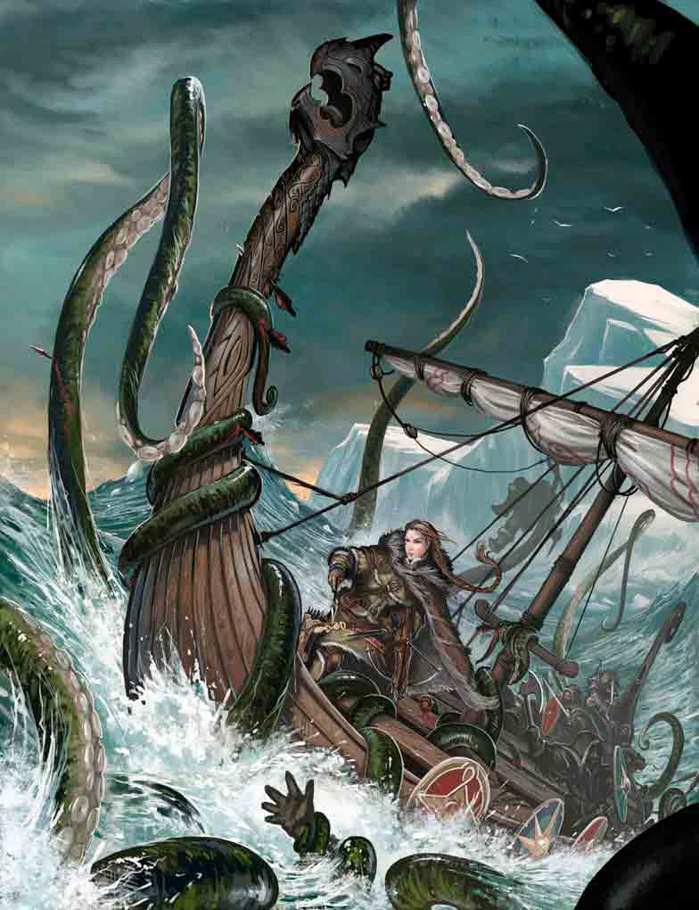 Ilustración del Kraken atacando un barco vikingo