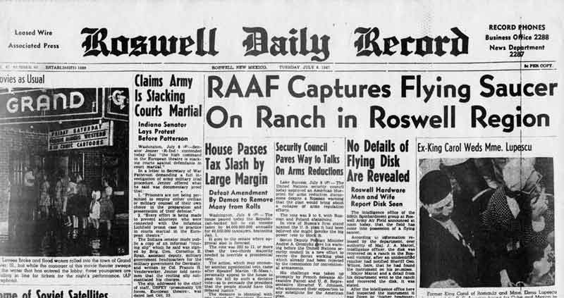 Portada del periódico de Roswell del 8 de julio de 1947
