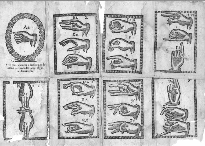 Primeros registros del lenguaje de signos, publicados en el libro de Juan Pablo de Bonet