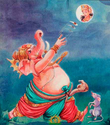 Representación de Ganesha lanzándole el colmillo a la Luna