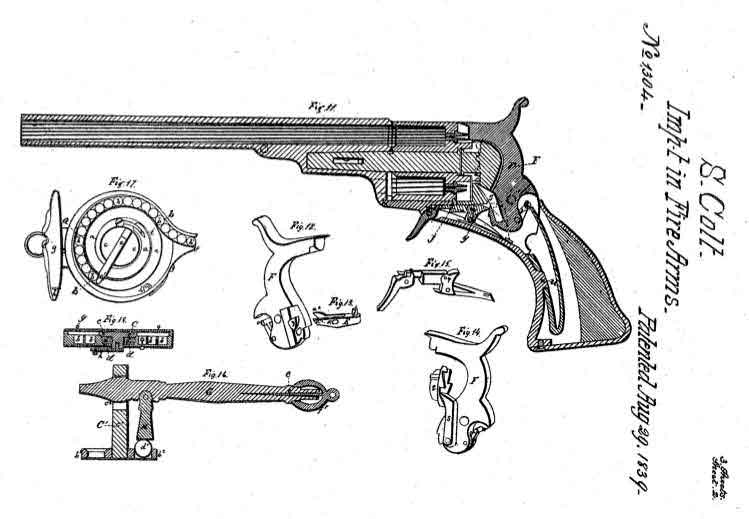 Revólver Colt desarmado con el detalle de las piezas