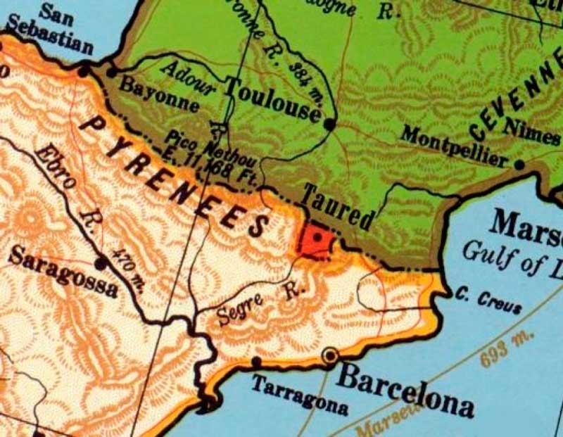 Supuesta ubicación de Taured en el mapa. Área donde se encuentra el Principado de Andorra