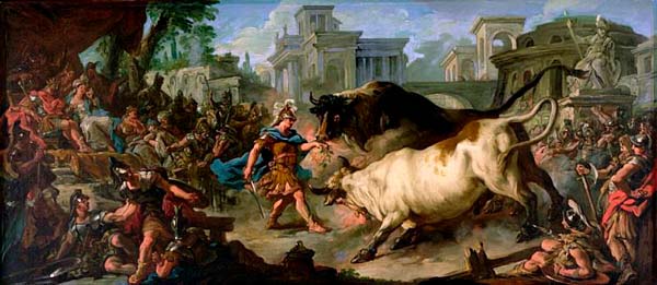 Pintura de Jasón luchando contra los toros de Aietes del artista Jean François de Troy