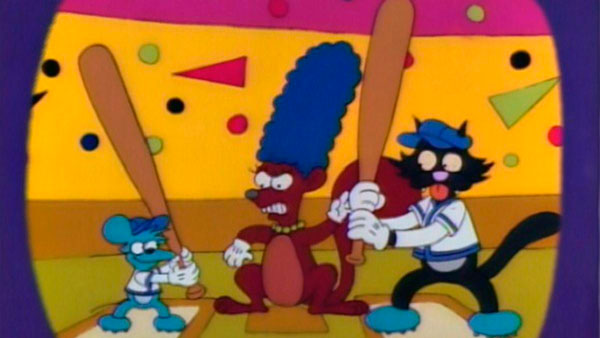 Escena de Itchy and Scratchy burlándose de Marge y su oposición a la serie
